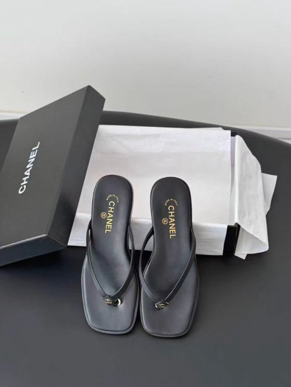 CHANEL CC Logo Black Padded Fabric Square Toe Thong Slide Flip Flops